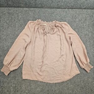 Blushing Heart Blouse Womens Large Pink Smocked Neck Tie Front Boho Retro Chic
